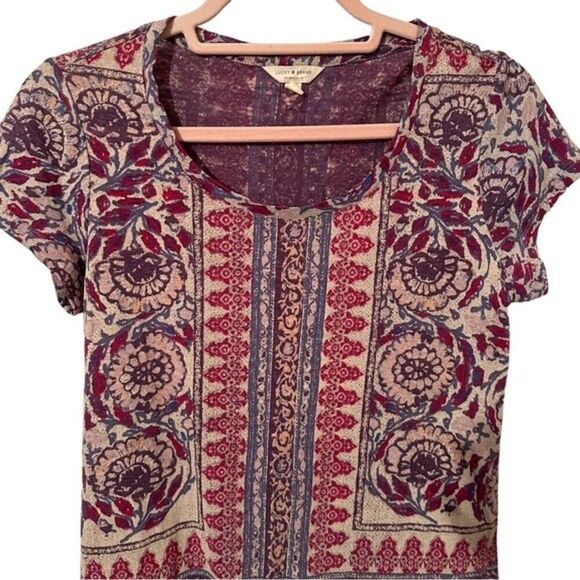 Lucky Brand  Red & Blue Floral  Boho Short Sleeve Round Neck Shirt  Size Small - Picture 1 of 6